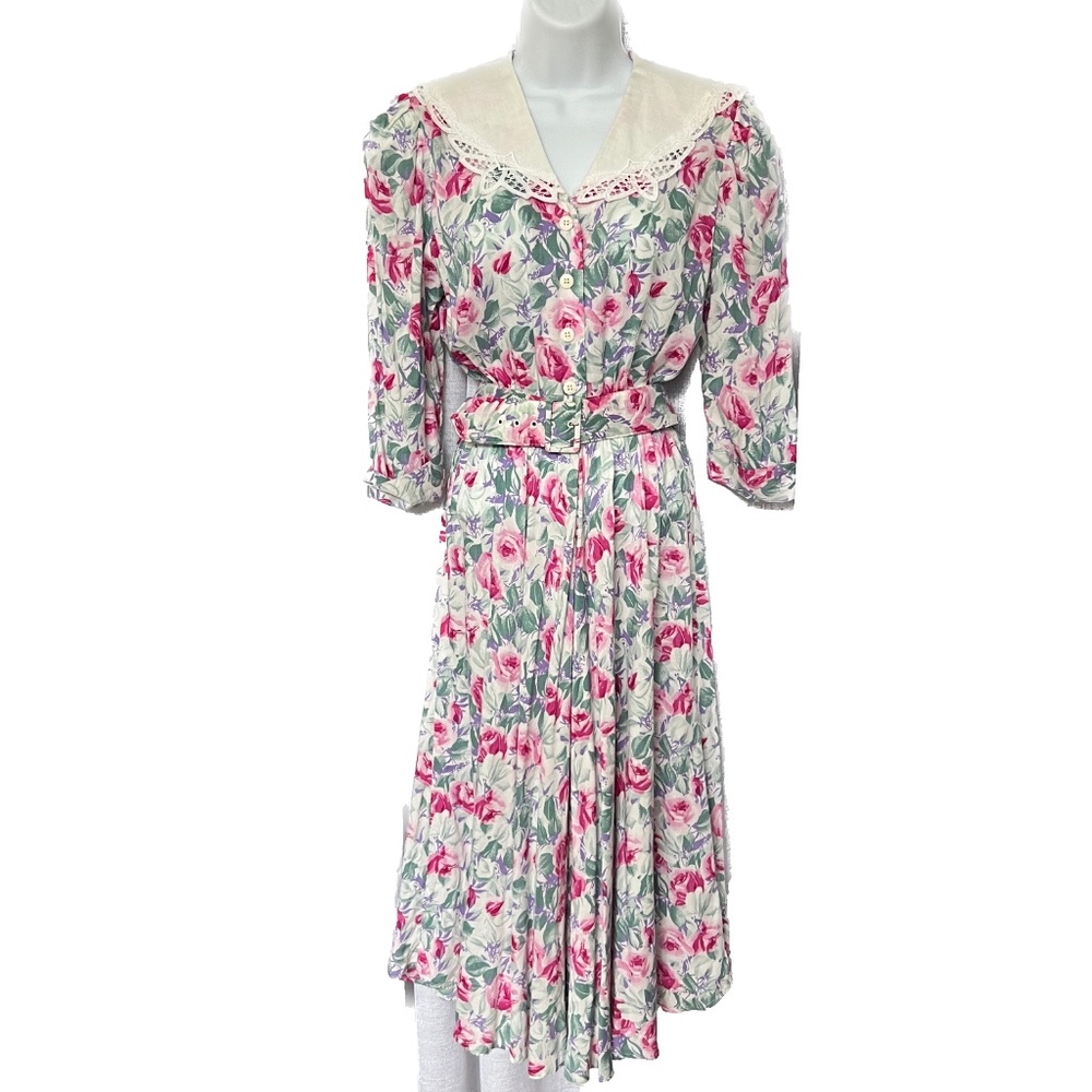 Vtg Karin Stevens Dress Midi Lace Bib Collar Floral Cottagecore Countrycore Pink